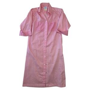 VTG Leisure Life House Robe Nightgown S M Pink Striped Snap Granny Cottage Retro
